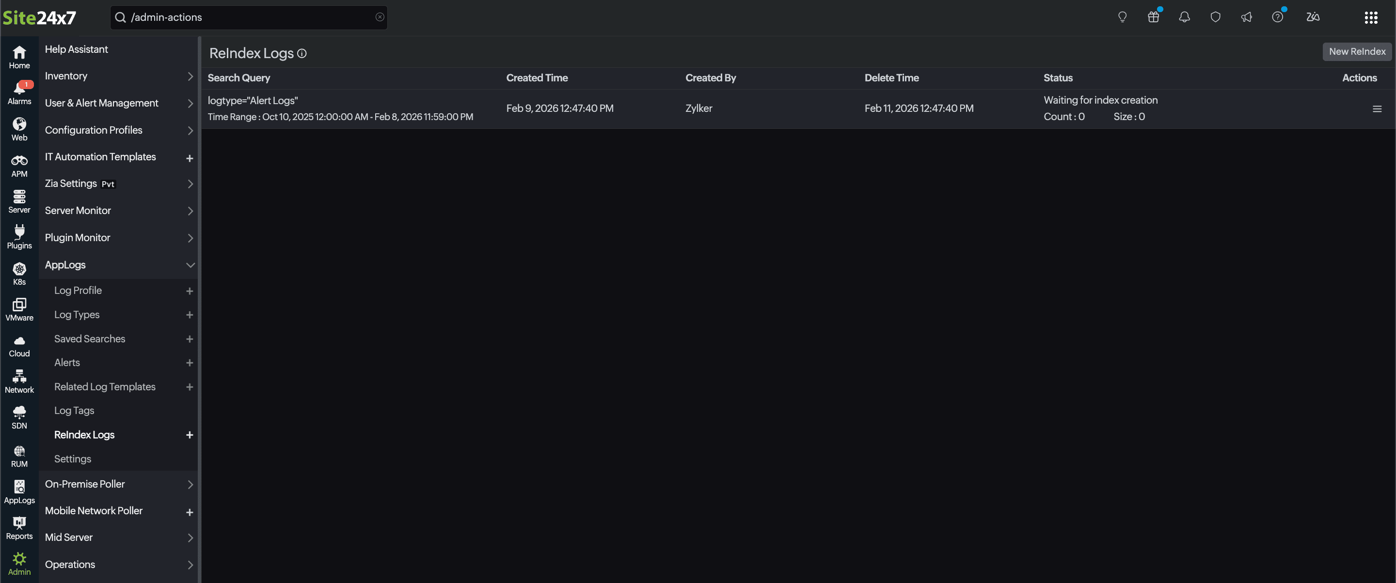 Reindexed logs listing