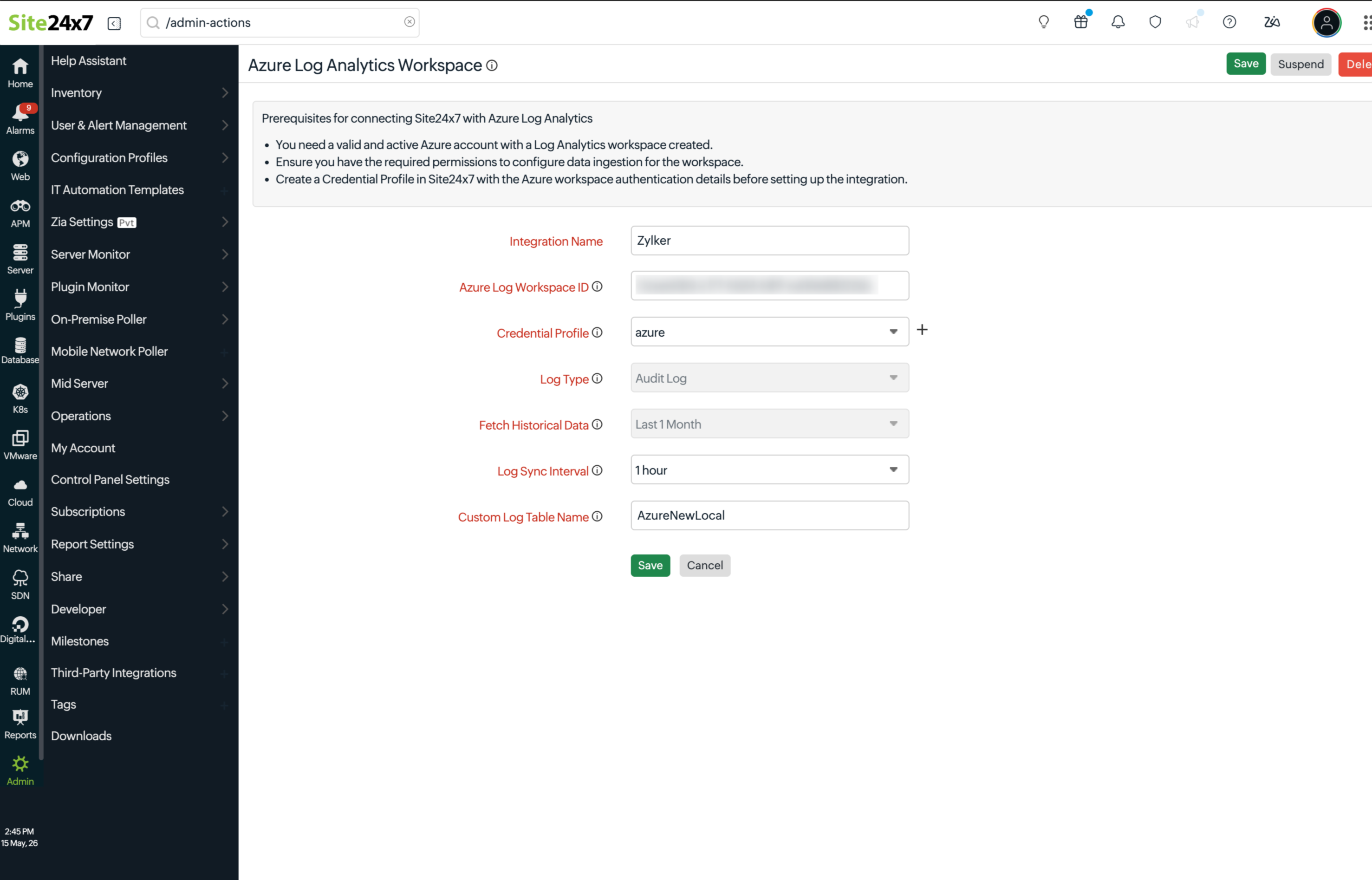 Azure workspace integration