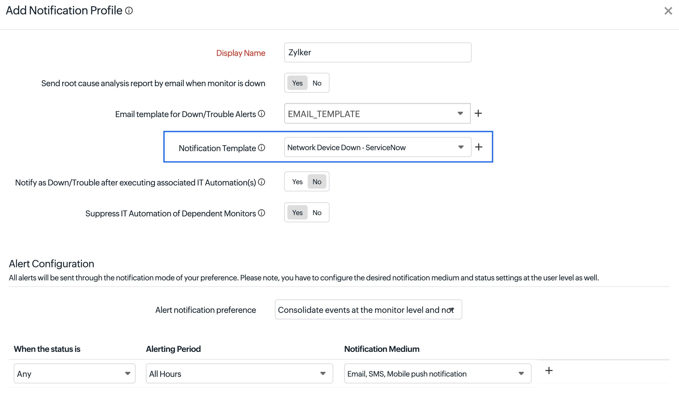 Notification template in profile