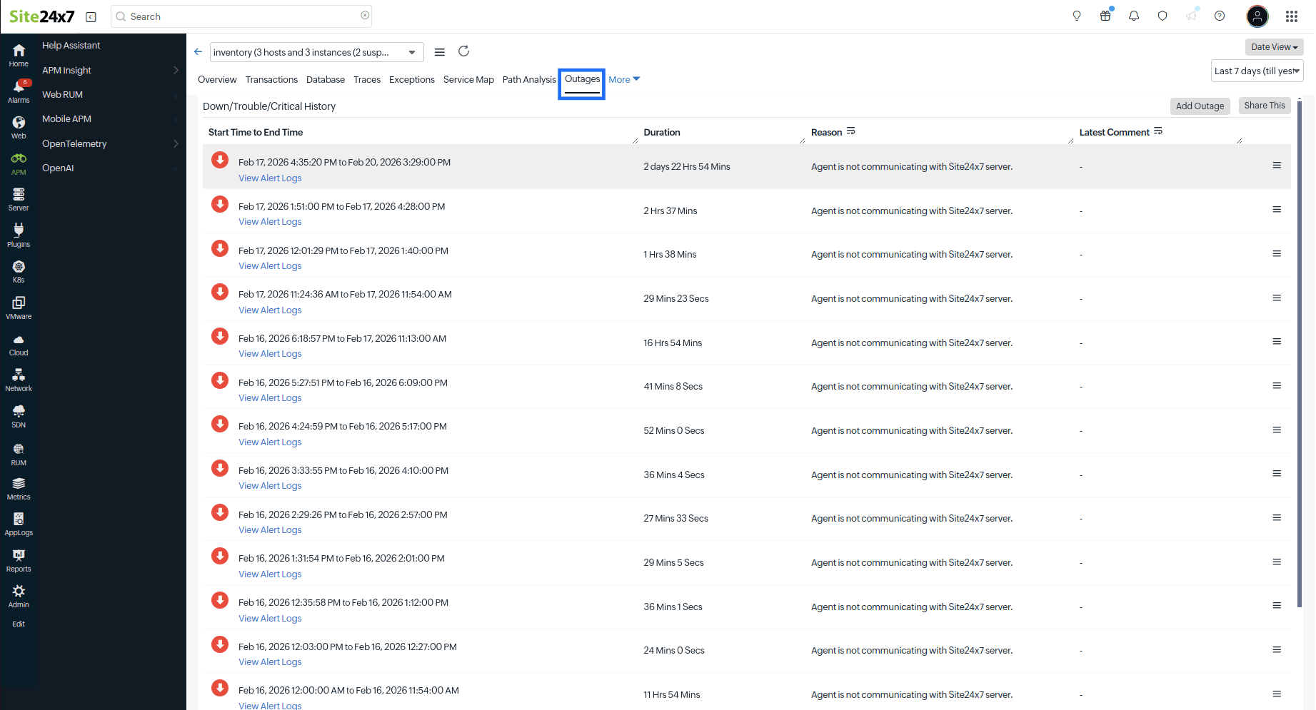 Outages tab